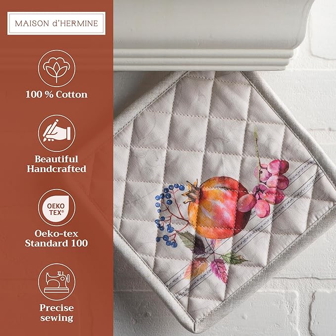 Maison d' Hermine Pot Holders Set 100% Cotton Heat Resistant Potholders 8" x 8" Hot Pads with Loop for Thanksgiving Christmas Decorations BBQ Baking Handling Hot Pans (Pack of 2, Fruit D'Hiver)