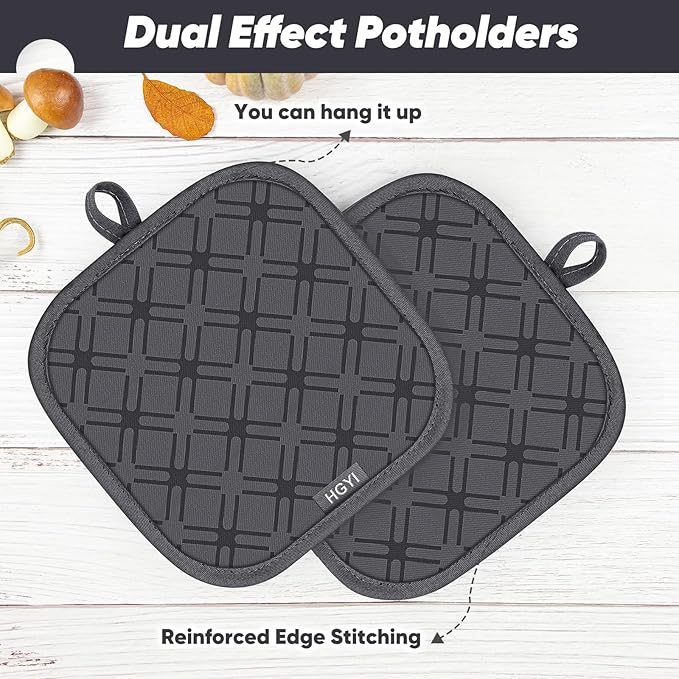 Oven Mitts and Pot Holders Set with Dishcloths, 500 Degree Heat Resistant Oven Gloves and Hot Pads, Premium Soft Cotton Kitchen Mittens and Dish Cloth Sets-Deep Grey