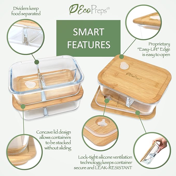 EcoPreps Glass Bento Box Containers with Bamboo Lids, 3 Compartment Glass Meal Prep Containers (3 Pack) - 100% Plastic Free, Eco-Friendly Lunch Container Set, Bamboo Lid Bento Boxes for Adults