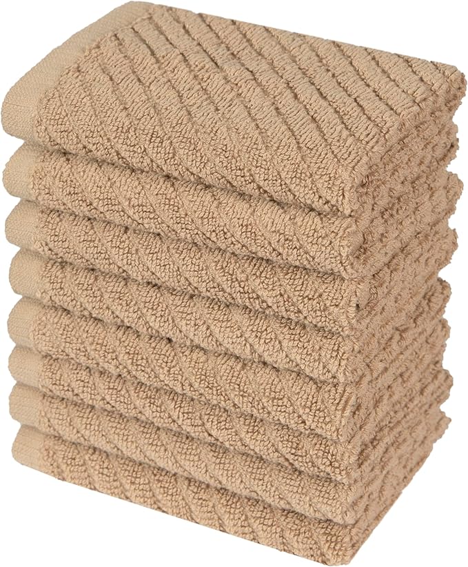 Bumble Towels Premium Kitchen Dish Cloths (12" x 12") | 8 Pack | Diagonal Deluxe Dish Cloth | High Absorbent Tea Towels Set | Tan