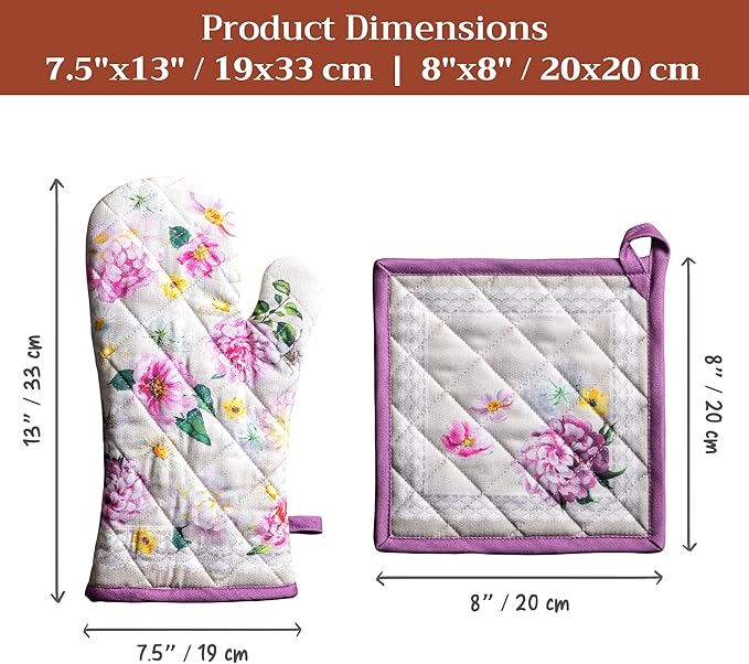 Maison d' Hermine 100% Cotton Oven Mitt & Pot Holder Set (7.5"x13" & 8"x8") Heat Resistant BBQ Cooking Gloves with Loop Baking Grilling Kitchen Gifts for Mothers Day Spring/Summer (Pivoine)