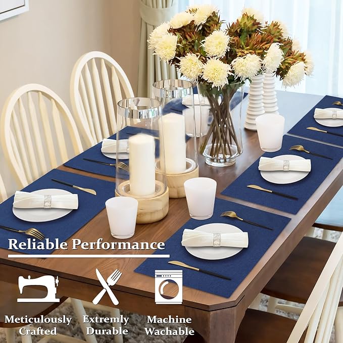 Cloth Placemats Set of 4, Cotton Linen Blend Machine Washable Double Layered Place Mats, Heat Resistant Placemats Wrinkle Free Thick Fabric Dining Table Mats for Indoors & Outdoors (Navy Blue, 4)