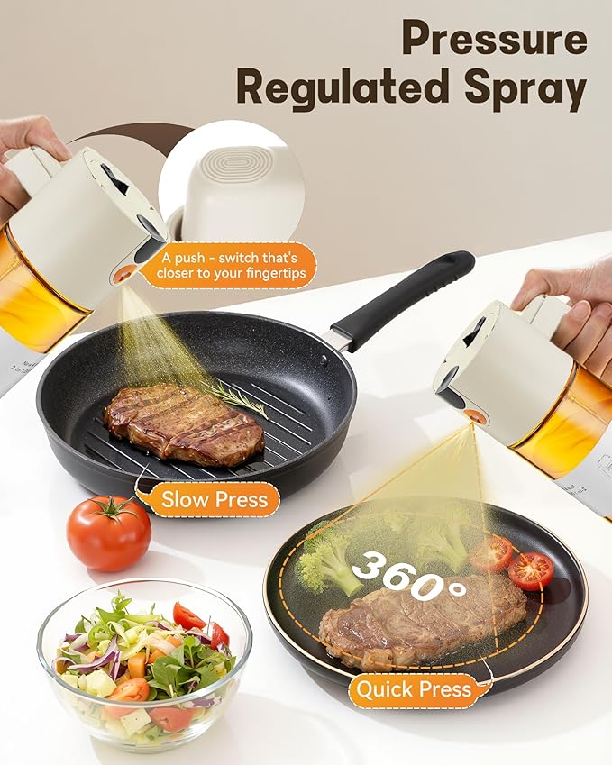 OURCABECUE Upgrade 2 in 1 Oil Sprayer for Cooking, 17oz Light-Blocking Glass Olive Oil Dispenser Bottle for Kitchen,Food-Grade Oil Mister with 8 Stickers for Salad, Frying (Brown Bottle-White Cap)