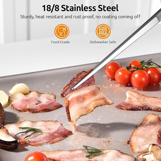 U-Taste 12" Kitchen Cooking Tweezer Set: 18/8 Stainless Steel Food-Grade Metal Food Tong, Flexible Pinching, Seamless-Welding, Sturdy and Non-Slip for Serving, Grilling, Frying (Round & Pointed Tip)