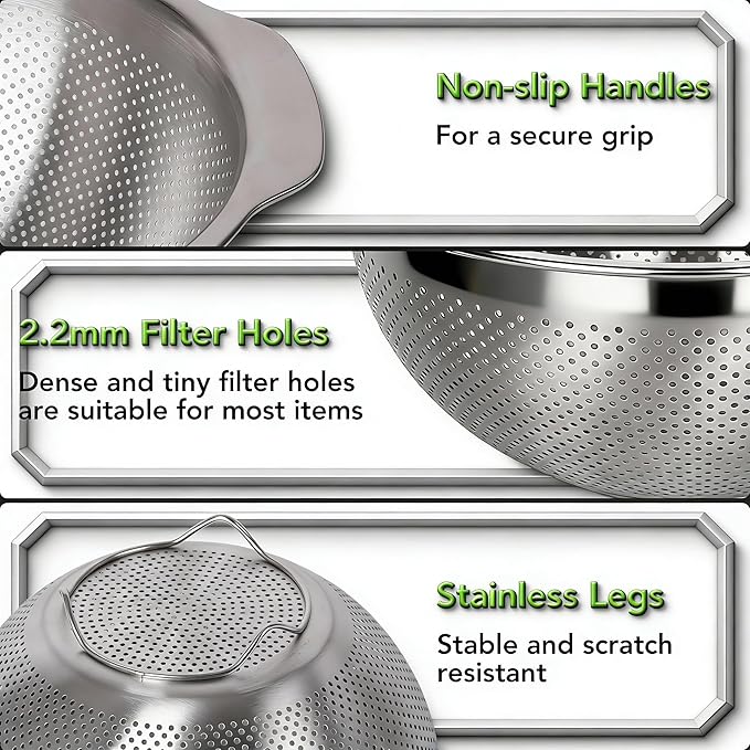 304 Stainless Steel Colander, 5 QT Large Capacity and 5QT Mixing Bowl, 2mm Micropore Strainer for Washing Rice, Fruit, and Veggies, Perfect Draining for Cooked Pasta