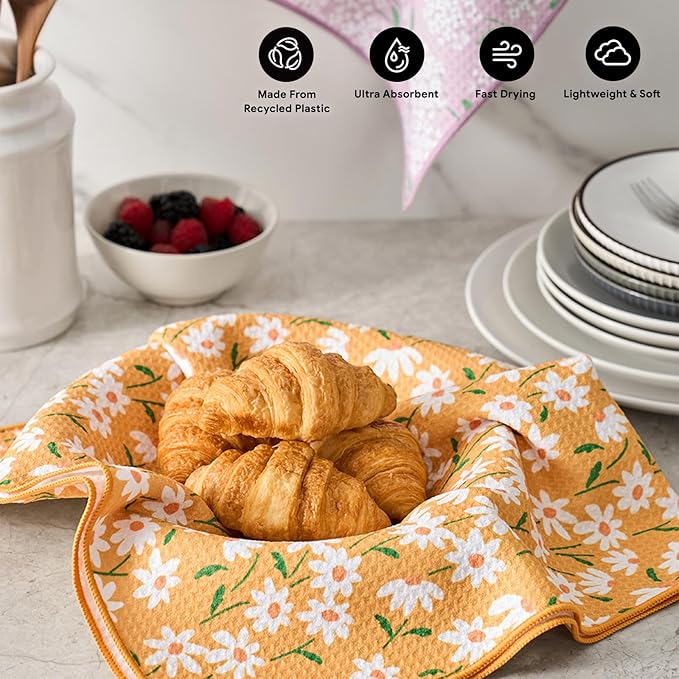 RECYCO Waffle Kitchen Towel Set of 2 - Quick Dry Microfiber Sustainable Dish Towels - Ultra Absorbent Reusable Cleaning Tea Towels - Lightweight Hand Towels,16”x 28”, Matisse Floral