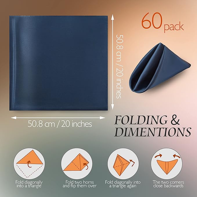 Manyshofu 60 Pieces Navy Blue Satin Napkins - 20x20 Inches Cloth Napkins, Square Satin Fabric Napkin Set - Soft & Reusable Table Napkin for Wedding Dinner Party Lunch