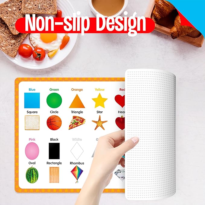6 Pack Placemats for Kids, Non-Slip Washable, Reusable Alphabet, Number, Shape & Color, Universe, Map, Different Themed Educational Table Mats for Home, Kindergarten, Classroom, Nursery