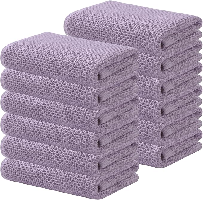 Kitinjoy 100% Cotton Waffle Weave Kitchen Hand Towels (13 X 28 Inches, Lavender), 12-Pack Super Soft and Absorbent Dish Towel for Drying Dishes