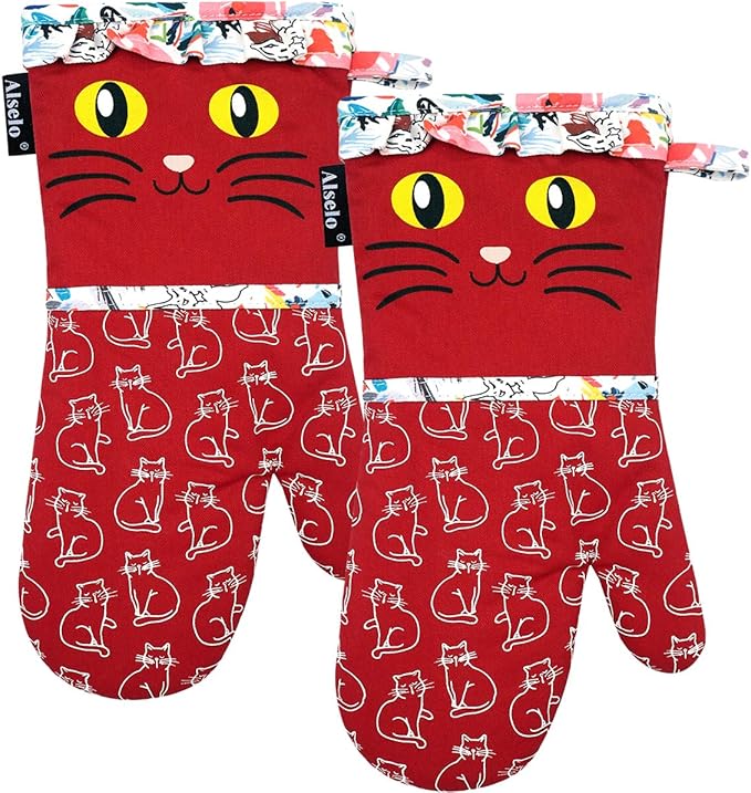 Alselo Oven Mitts, Heat Resistant with Soft Quilted Cotton Lining Set of 2, Fashion Animal Design with Silicone Printing Anti-Slip Kitchen Gloves for Safe Backing Cooking Barbecue (Red 2)
