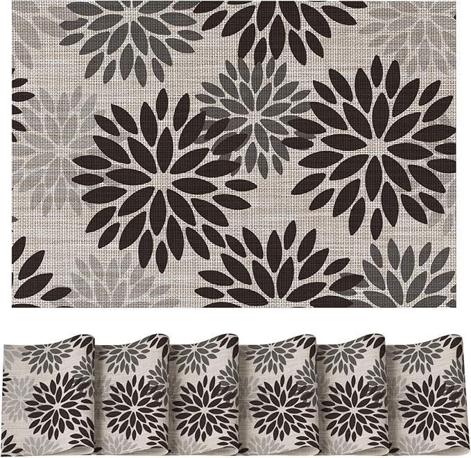 Artoid Mode Floral Vinyl Placemats Set of 6, Heat Resistant Washable Non-Slip Plastic PVC Halloween Place Mats for Party Kitchen Dining Decor, Black