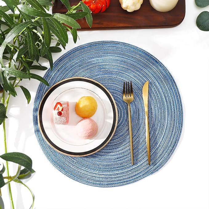 SHACOS Round Braided Placemats Set of 8 Circle Place Mats Cotton Polyester Kitchen Table Mats for Dining Table Wedding Party Decor (Blue Gray, 8)
