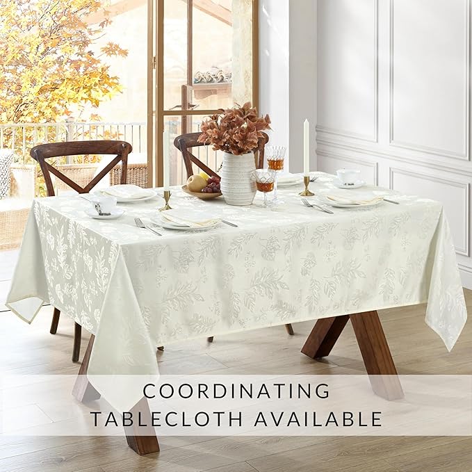 Elrene Home Fashions Elegant Woven Leaves Jacquard Damask Cloth Napkin Set, 17" x 17", Pack of 8, Ivory