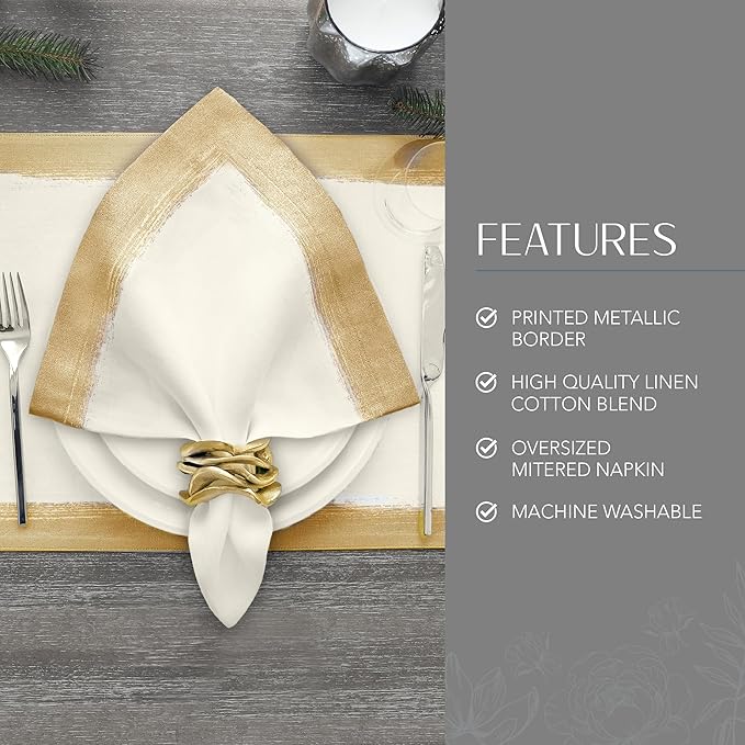 Villeroy & Boch Linen Blend Metallic Brushstroke Napkins, 21 Inches x 21 Inches, Set of 4, Ivory and Gold