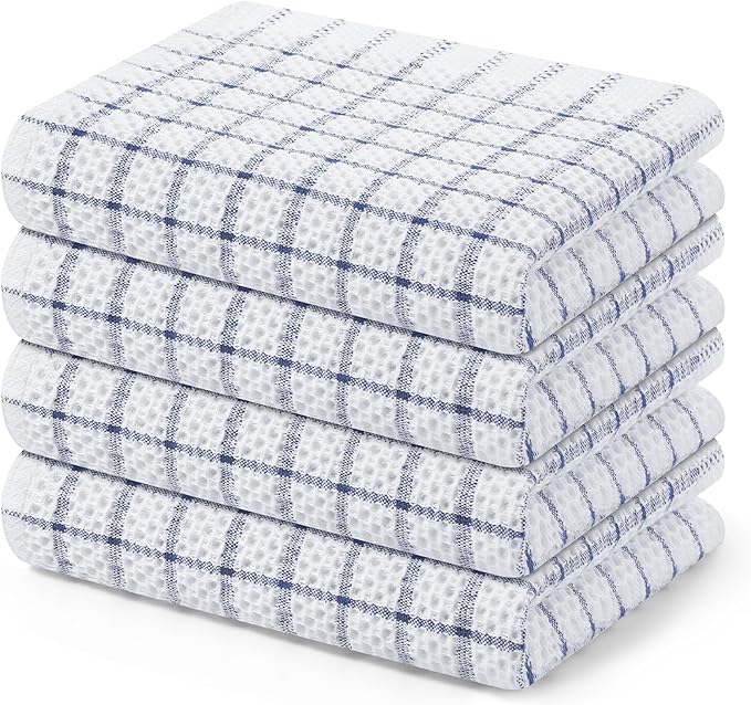 Homaxy 100% Cotton Kitchen Towels 4 Pack-15 X 25 Inches, Check Design Waffle Weave Hand Tea Towels, Super Soft and Absorbent Dish Towel for Drying Dishes, Navy Blue