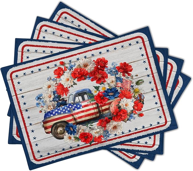 Patriotic Truck Linen Placemat Sets American Flag Flowers Place Mat for Home Dining Tabletop Decor
