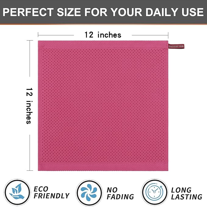 Kitinjoy 100% Cotton Kitchen Dish Cloths (12 X 12 Inches, Hot Pink), 12 Pack Waffle Weave Ultra Soft Absorbent Dish Towels for Drying Dishes Quick Drying Kitchen Towels Dish Rags