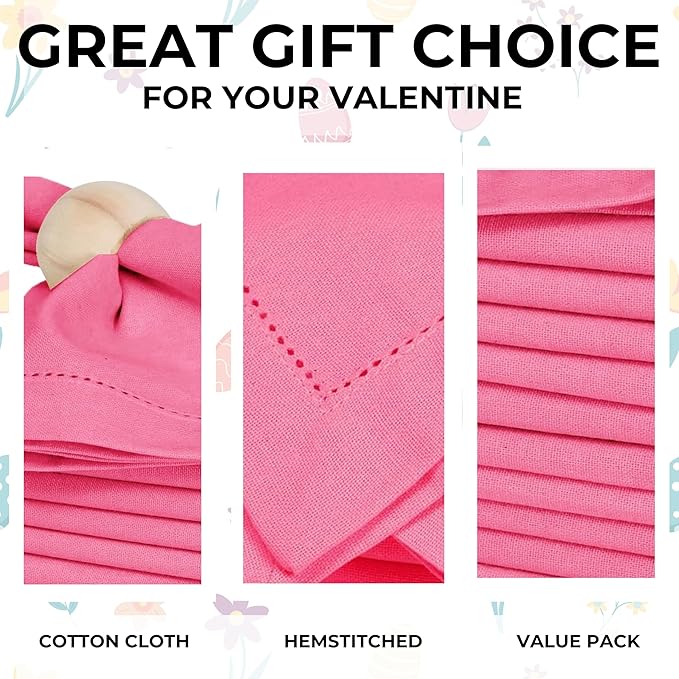 Homidate 100% Cotton Cloth Dinner Napkins Set of 12 – 18x18 Baby Pink Hemstitched – Soft Durable Machine Washable Fabric Napkins for Weddings, Parties & Holidays