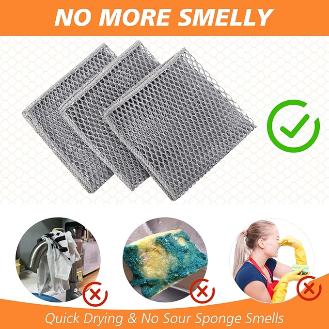 SUNLAND Netted Dish Cloths for Washing Dishes No Odor Dishes Scrubber for Kitchen-Fast Drying and Easy to Clean Mesh Dish Cloth 6 Pack 12Inch x12Inch Grey