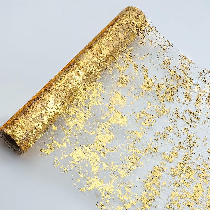 Snowkingdom Glitter Metallic Gold Table Runner 11 Inch x 49 Feet Thin Mesh Sparkle Runner Roll Table Decorations for Wedding Bridal Baby Shower, Anniversary, Christmas, Birthday Party （1PC）