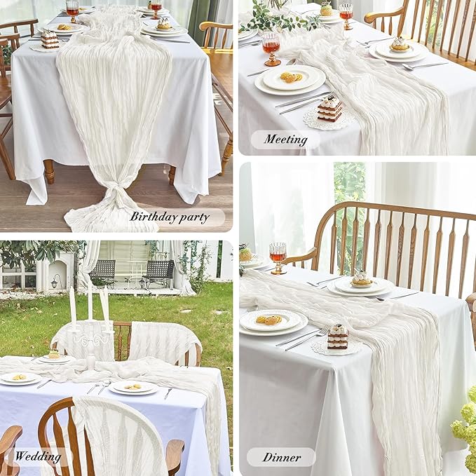 IVAPUPU 2 Pcs Cheesecloth Table Runner - 10ft Ivory White Spring Boho Gauze Cheese Cloth Table Runners for Baby Shower Decorations Wedding Party Garden Farmhouse Decor