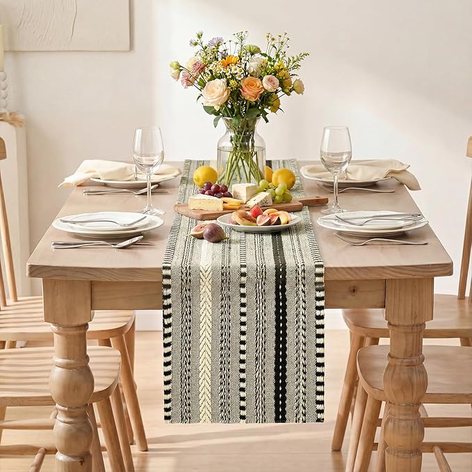 Artoid Mode Black Farmhouse Woven Table Runner, Seasonal Holiday Rustic Kitchen Dining Table Decoration for Home Party Decor 12x108 Inch