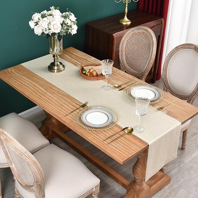 NEWISHER Farmhouse Rustic Table Runner Solid Beige Rectangular Table Runners Faux Linen Table Runner for Everyday Use Kitchen Dining Party Table 13x48 Inch