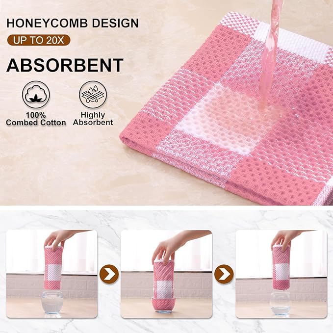 Mordimy 100% Cotton Waffle Weave Plaid Dish Cloths, 12 x 12 Inches, Super Soft and Absorbent Quick Drying Buffalo Check Dish Rags for Kitchen, 6-Pack, Pink