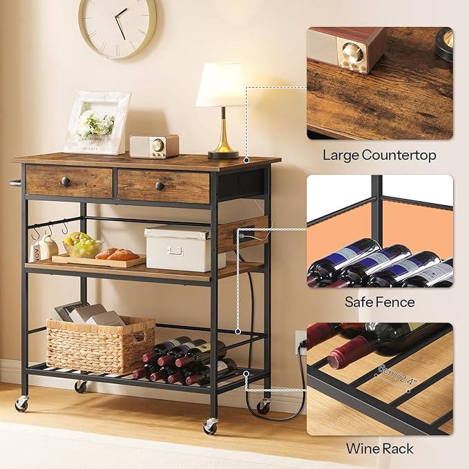 HOOBRO Kitchen Island with Storage, Rolling Island Cart for Kitchen with 2 Drawers & Outlet, 3 Tier Coffee Station and Microwave Stand, Kitchen Island Table for Home, Rustic Brown BF08UZD01