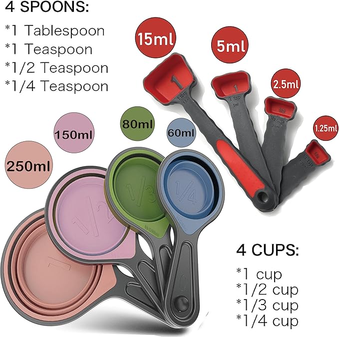 Collapsible Silicone Soft Measuring Cups and Measuring Spoons,8 pieces Portable Food Grade Silicone Cup for Liquid & Dry Measuring Baking &Utensils & Travel Measuring Cup，space saver (Pink)