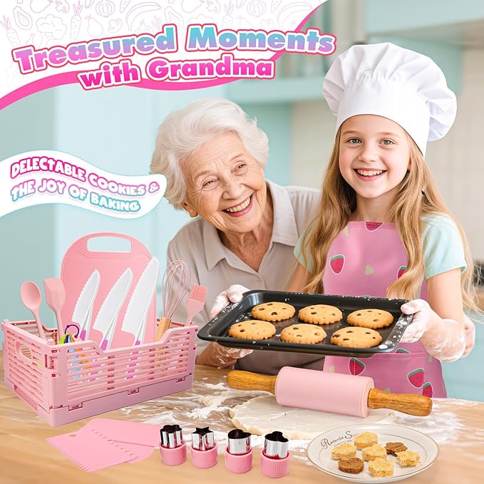 Kids Baking Cooking Set Real & Toddler Kid Apron, Kids Knife Set for Real Cooking & Basket,Food-Grade Material,Montessori Toddler Kitchen Tools, Christmas Birthday Gift for 3-10 Year Old Girls Boys