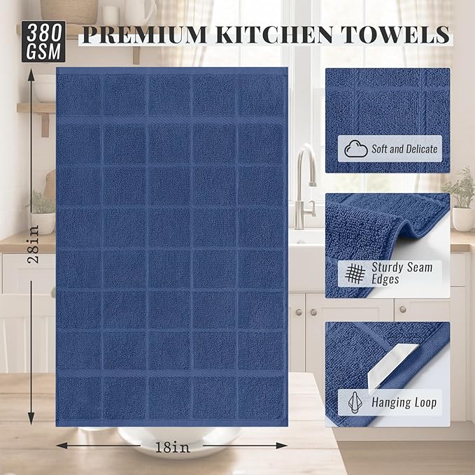 Homaxy Premium Kitchen Towels 18"x28", 8 Pack Large Cotton 380 GSM Dish Towels, Soft and Absorbent Kitchen Hand Towels with Terry Grid Design, Utility Tea Towel Set with Hanging Loop, Navy Blue