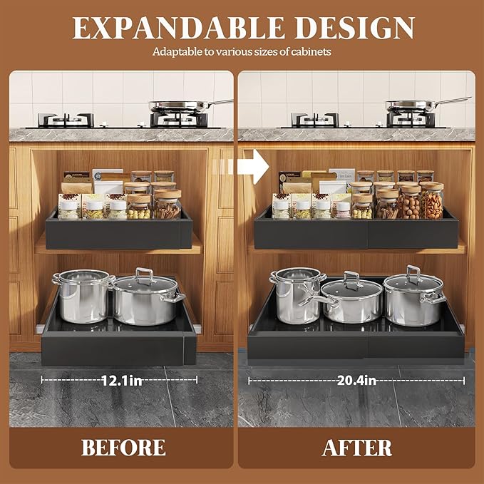 Seinloes 4 Pack Expandable Pull Out Cabinet Organizer 21"Deep With Raising Pad for Framed Cabinets,Upgrade 3 Slide Rails Slide Out Drawers,No Drill Roll Out Shelves,Adjustable Width 12.1"-20.4" Black