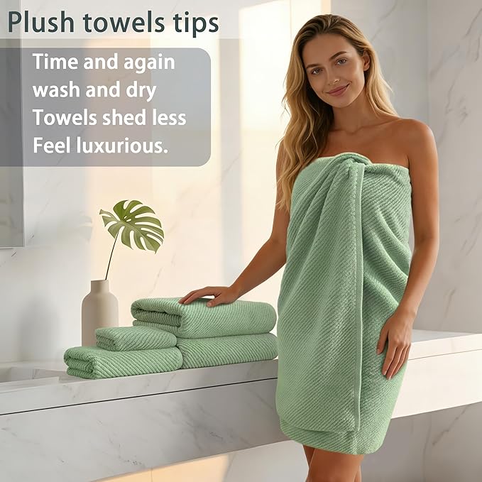 VOOVA & MOVAS Green Towels for Bathroom, 100% Cotton | Quick Dry | Soft | Thick, 3 Piece Towel Set, 1 Large Bath 30" x 56", 1 Hand 18" x 28", 1 Wash Cloth 13" x 13", Bathroom Essentials, Mint Green