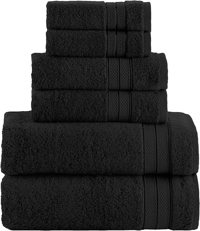 Elegant Comfort Luxury 6-Piece Towel Set, Premium Soft 100% Turkish Cotton, Three Line Popcorn Design 2 Bath Towels, 2 Hand Towels and 2 Washcloths Towel Set - Quick-Drying and Absorbent, Black