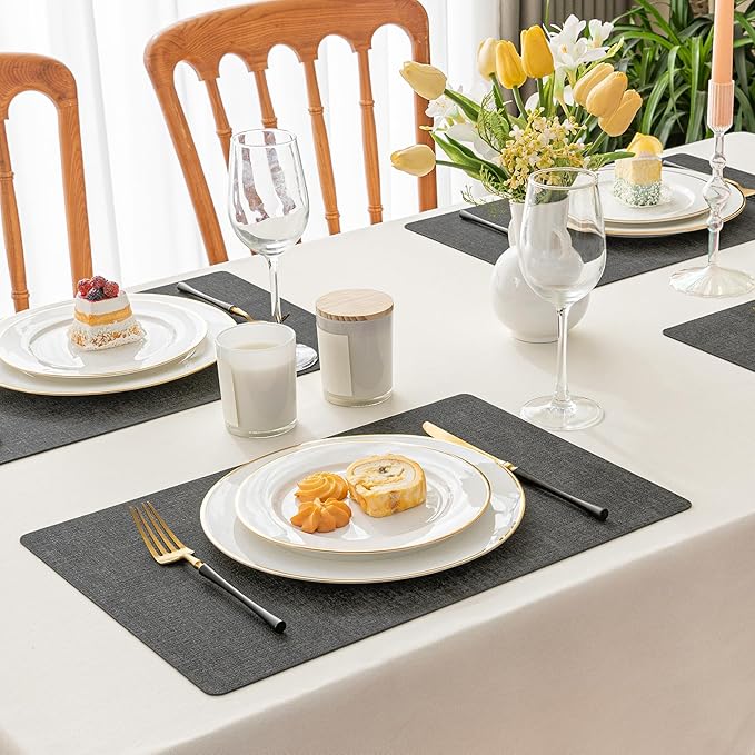 Romanstile Vinyl Placemats Set of 12-12 X 17 Inch - Faux Leather 100% Waterproof Oil-Proof Wipeable Place Mats, Heat Resistant Reversible PU Table Mats for Kitchen Dining Party Outdoor, Charcoal