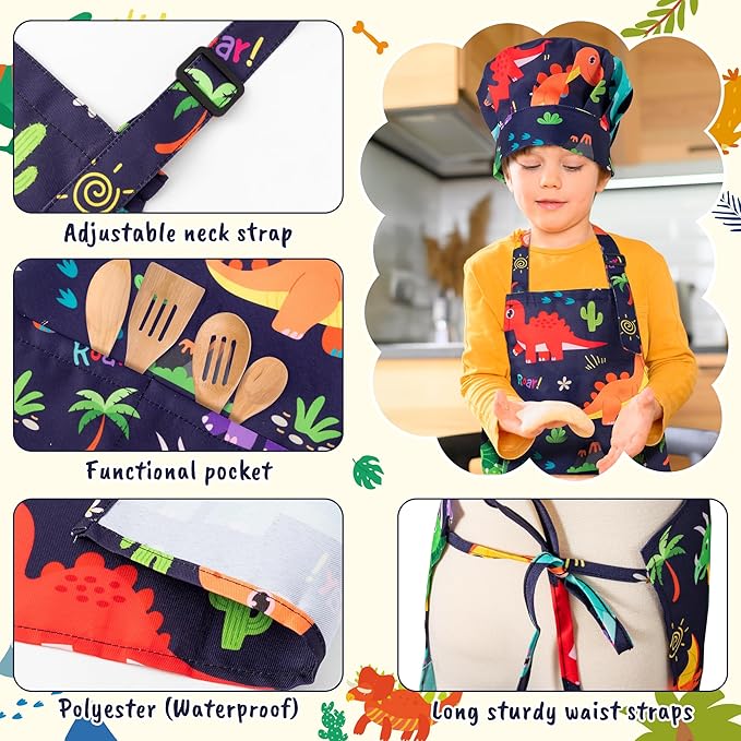 GROBRO7 4Pcs Kids Apron and Chef Hat Set Gift for Girls Boys, Dinosaurs World Adjustable Kitchen Toddler Aprons with 2 Pockets Waterproof Smocks for Baking Cooking Painting Training