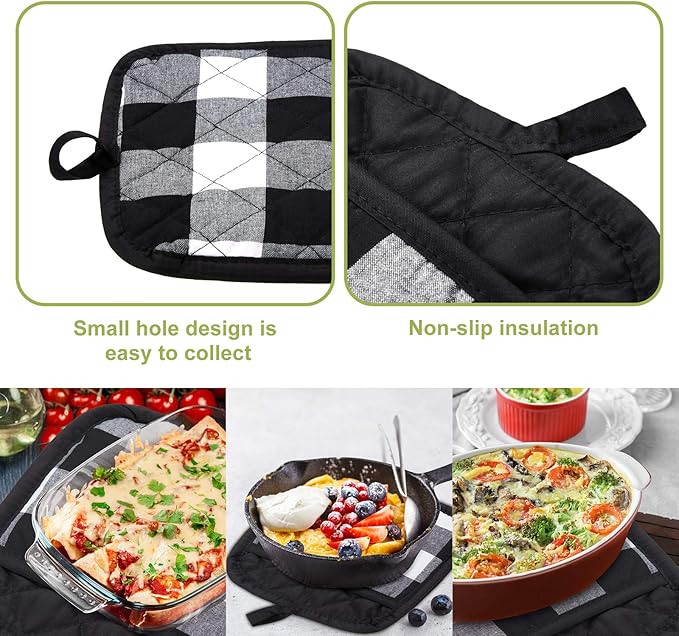7 Pieces Buffalo Check Dish Towels Pot Holders Oven Mitts Set Cotton Plaid Kitchen Dish Towels Non-Slip Heat Resistant Oven Mitts and Pot Holders for Cooking Baking Grilling Supply (Black with White)