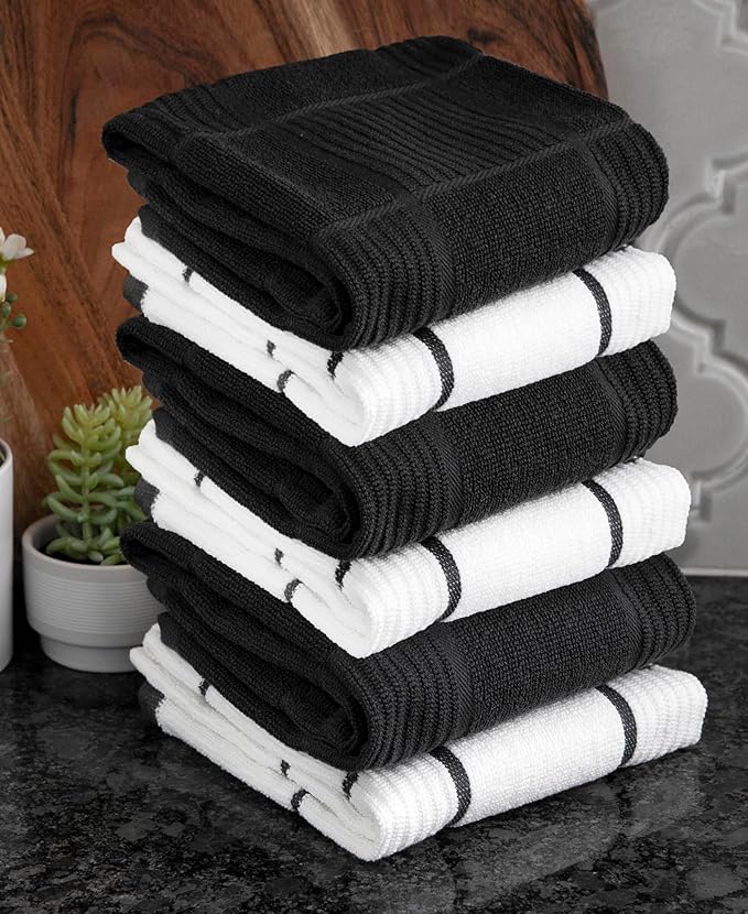 T-Fal Solid & Checked Parquet Kitchen Towels: Highly Absorbent, Super Soft Long Lasting - 100% Cotton, 16"x26" Dish Towels for Cleaning & Drying Dishes, Pans, Glassware, Countertops, 6-Pack, Charcoal