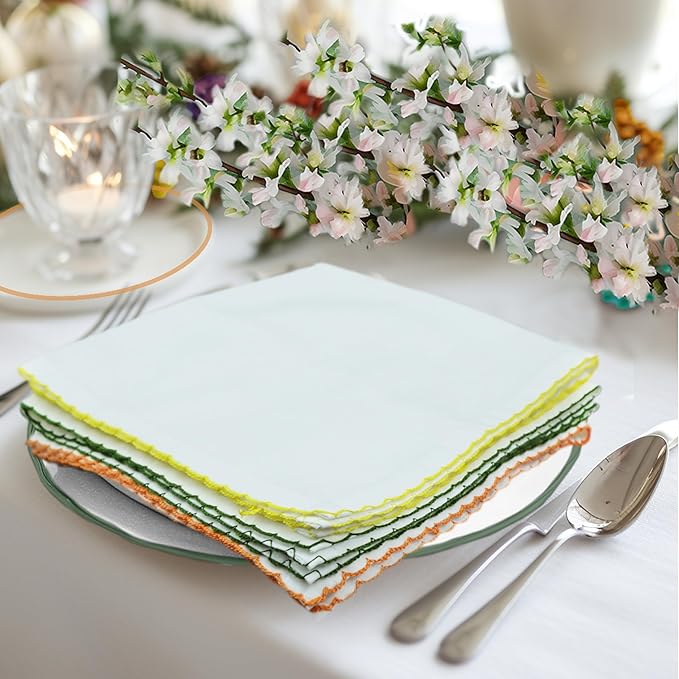 COTTON CRAFT Cloth Napkins - Set of 12 Pure Soft Cotton White Dinner Napkins with Colorful Border Trim – Absorbent Reusable Fabric Serviettes for Dining Table, Parties, Weddings, Everyday Use - 17x17