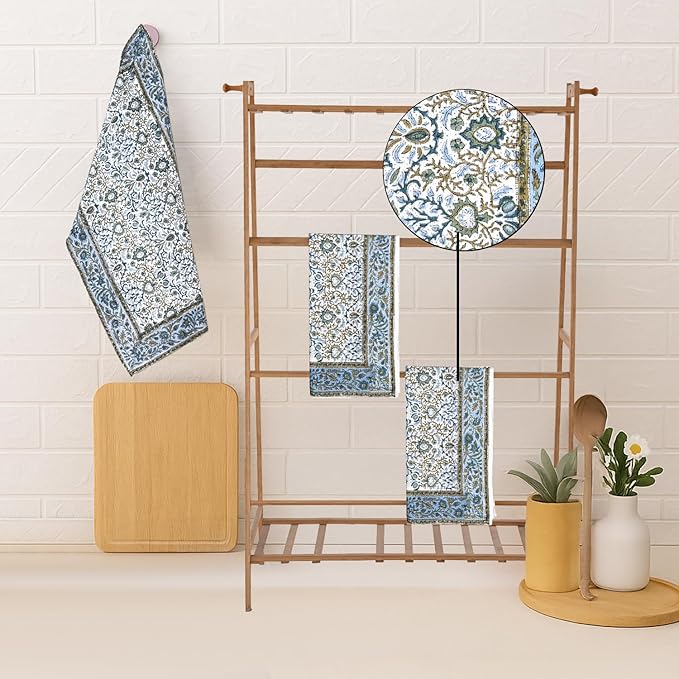 Ridhi Indigo Blue Hand Block Print Waffle Kitchen Towel Set of 3-16 x28 Ultra Absorbent Quick Dry 100% Cotton Dish Towels Lightweight Reusable Sustainable Tea Towels for Cleaning and Drying