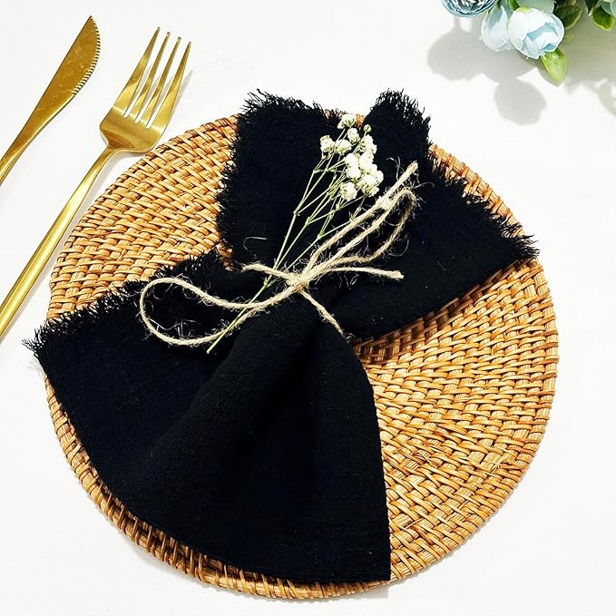 24Pack Black Cloth Napkins 17x17Inch Black Napkins Cloth with Fringe Soft Cotton Cloth Napkins Washable Rustic Dinner Napkins Cloth for Wedding Party Dinner Table