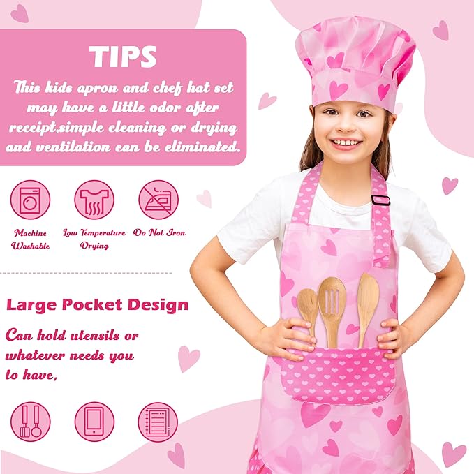 R HORSE Kid Apron and Chef Hat Set - 2Pcs Pink Heart Toddler Cooking Apron Set for Girls, Adjustable Role Play Costume Pretend Play Toy for Cooking Baking Painting Birthday Gift for Kids Ages 3-6