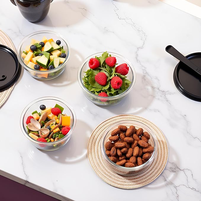 12 OZ Round Glass Food Containers With Lids, 1.5 Cup Small Glass Containers With Lids and Spoons for Office Lunch,Small Round Meal Prep Bowls for Oven, Fridge, Dishwasher safe (4 Pack)
