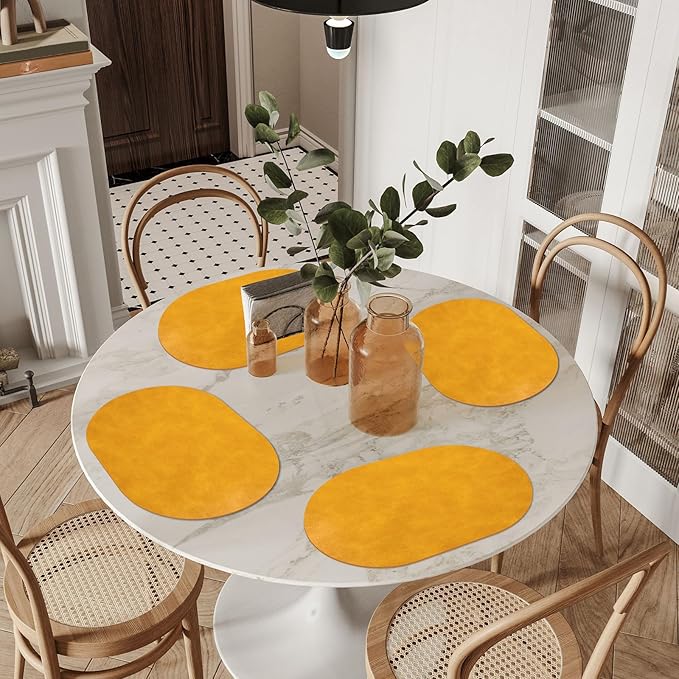 ADRIMER Placemats, Heat Resistant Oval Placemats Set of 12 Washable 12 x 17 Inch, Waterproof Table Mats, Wipeable Pu Place Mats for Kitchen, Dining Room, Yellow