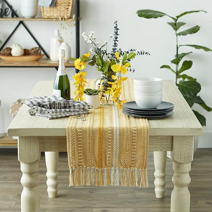 DII Farmhouse Braided Stripe Table Runner Collection, 15x108 (15x113, Fringe Included), Honey Gold