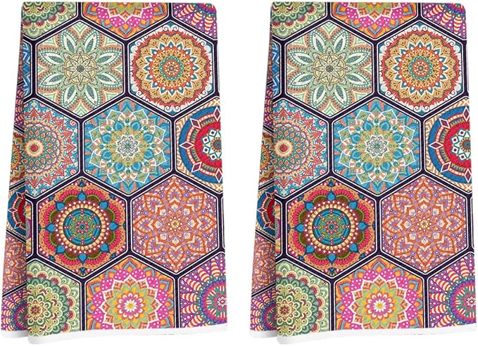 2 Pcs Ethnic Kitchen Towels, Flower Soft Absorbent Tea Hand Towel, Microfiber Dish Cloths for Drying Dishes, Waffle Dish Towels for Kitchen Bathroom Clearance Decor, Housewarming Gifts for Women