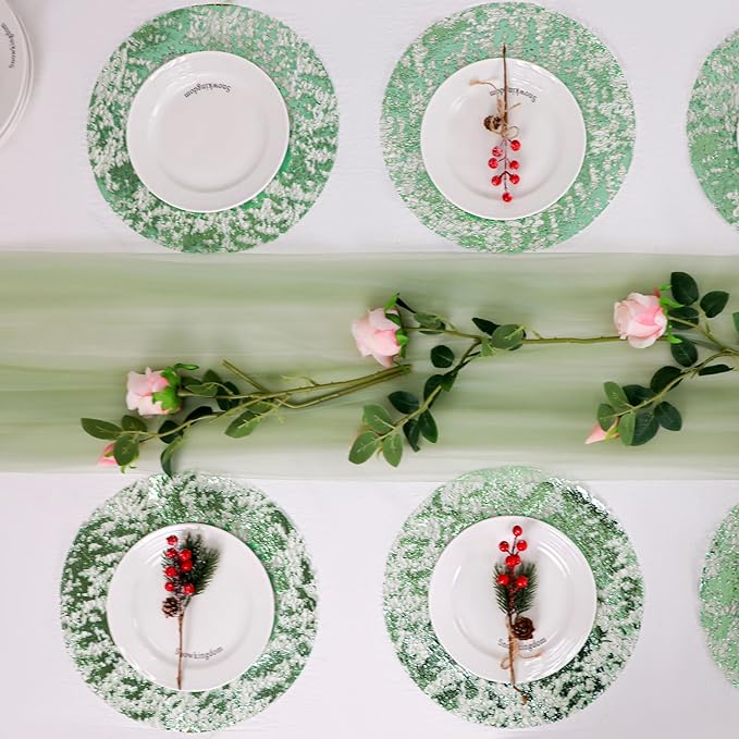 Snowkingdom 24 Pcs Sage Green Placemats, Disposable 13" Round Table Mats with Metallic Foil Glitter Paper doilies Chargers Centerpiece, Wedding Holiday Christmas Thanksgiving Party Dining Table Decor