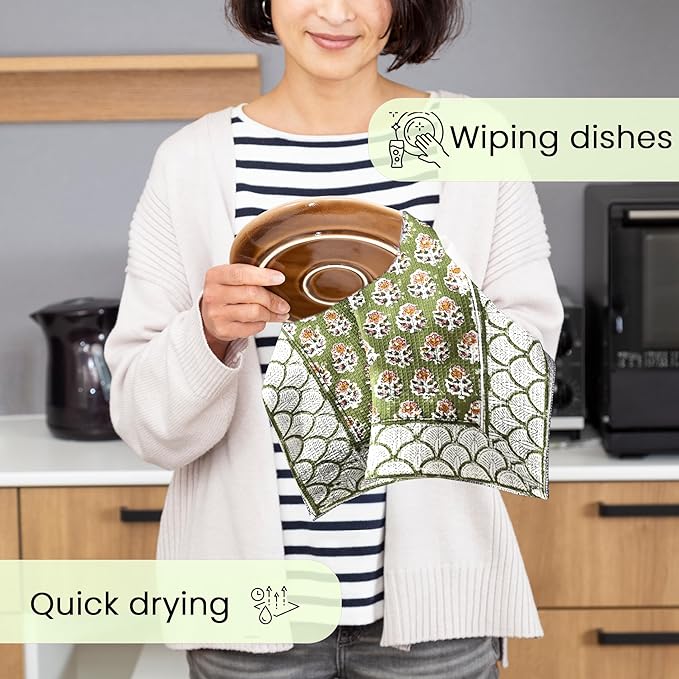 CPC Jade Green Hand Block Print Waffle Kitchen Towel Set of 3-16 x 28 Inch Ultra Absorbent Quick Dry Cotton Dish Towels Lightweight Reusable Sustainable Tea Towels for Cleaning and Drying