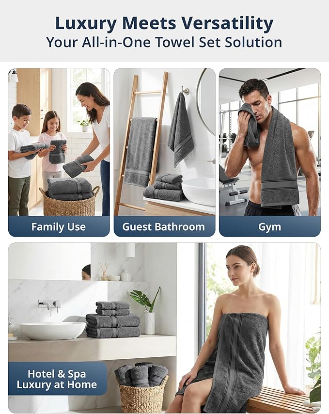 LANE LINEN 18-Pack Premium Towels for Bathroom – 100% Cotton Towel Set, Zero Twist, 6 Bath, 6 Hand & 6 Washcloths,Gentle on Body, Highly Absorbent, Remains Soft After Wash, Hotel & Spa Quality – Grey